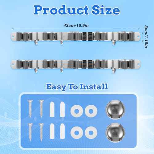 2 Pack Heavy Duty Wall Mount Broom Holder ? Stainless Steel with 5 Racks & 4 Hooks Broom Organizer? Self-Adhesive or Screw Mount Mop Holder for Garage, Laundry, Kitchen ? Silver
