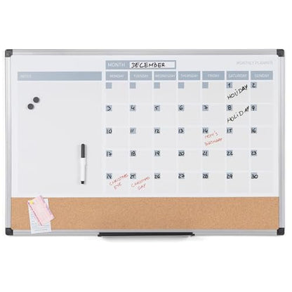 MasterVision Magnetic Dry Erase Monthly Calendar Planner Push Pin Corkboard Combo with Marker Tray, 24" x 36", Gray Plastic Frame, White, MB0707186P
