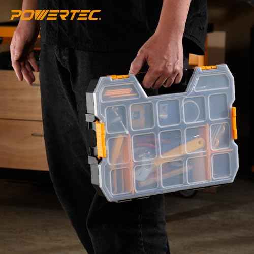 POWERTEC Stackable Tool Box Organizer with Removable Dividers - 17 Compartments, Interlocking, Portable Design, 2-Pack (72118-P2)
