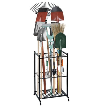 Garden Tool Organizer with Storage Hooks, Yard Tool Tower Rack for Garage Organization and Storage, Up to 35 Long-Handled Tools, Metal Tool Holder with 6 Hooks, Black