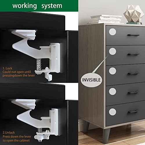 Vmaisi 20 Pack Cabinet Locks Child Safety Latches - Baby Proofing Cabinets Drawers Lock - Upgraded Stronger Adhesive Easy Installation - No Drilling