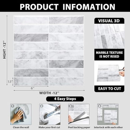 ReWallpaper Marble Peel and Stick Backsplash Waterproof Kitchen Tiles for Wall 12"x12" Removable Grey White Rectangular Subway Tile Self Adhesive Stick on Backsplash for Kitchen Laundry Rooms 3-Sheet