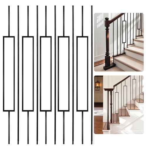 10 Pcs Wrought Iron Balusters 44 Inches Iron Balusters for Staircase Hollow Stair Spindles 1/2" Balusters for Staircase Interior Satin Black Metal Deck Balusters
