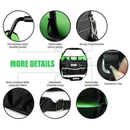 17-Inch Open Top Tool Bag, Electrician Tool Bag, Tool Tote Bag Organizer for Easy Tool Access, 33 Pockets Foldable Tool Carrier with Rotating Steel Handle and Removable Shoulder Strap (Black+Green)