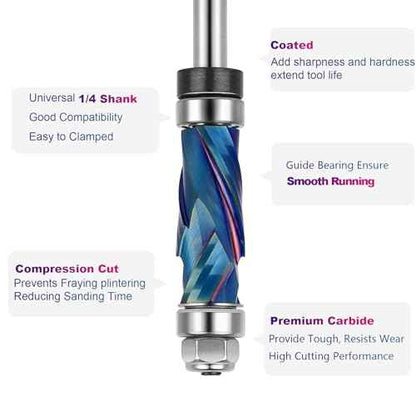 SpeTool Coated Extra Long Double Bearing Spiral Flush Trim Router Bit 1/4 Inch Shank 1/2 Inch Cutting Diameter