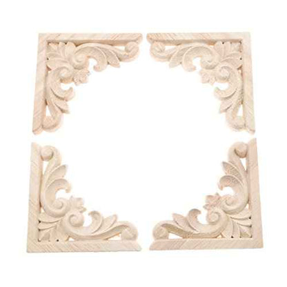 MUXSAM Furniture Applique, 8x8cm/3.15"x3.15", Wood Carved Corner Onlay Unpainted Frame Decal for Wall Cabinet Door Bed Dresser Mirror Decoration(4-Pack)