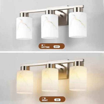 3-Light Bathroom Light Fixtures, Modern Vanity Lights, Brushed Nickel Metal Wall Lamp with White Marble Glass for Bathroom, Mirror, Living Room, Bedroom, Cabinet, Porch, Hallway, E26 Base