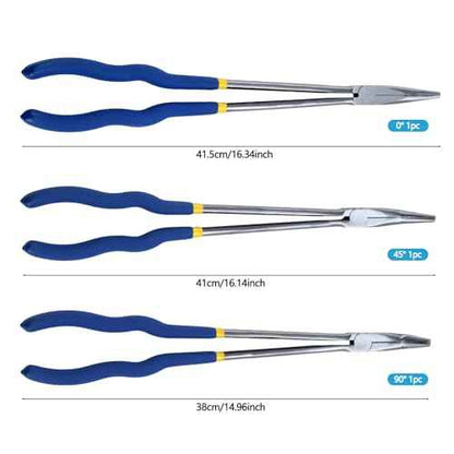 16-Inch Long Reach Pliers Set - Multi-Purpose Straight & Bent Nose Pliers (3PCS)