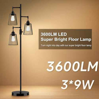 PESRAE Dimmable Industrial Floor Lamp, Farmhouse Floor Lamp Standing Lamp with 3 Elegant Teardrop Cage Heads & Included 3 x 1200LM Edison LED Bulbs, Tall Lamp for Living Room, Bedroom (Matte Black)