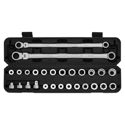 EMENTOL 27PCS Extra Long Flex Head Ratcheting Wrench Set, CR-V, Double Box End Ratchet Wrench Set with 8mm - 22mm, E8 - E22, 1/4", 3/8", 1/2" Socket Adapters Replacement Heads
