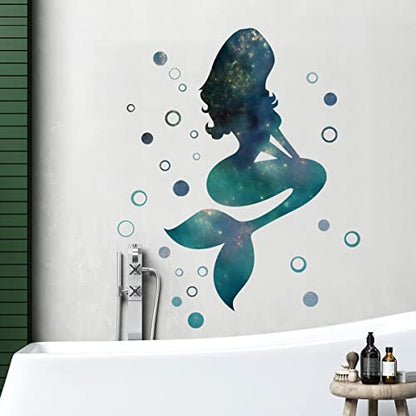Starry Sky Mermaid Wall Decals and Stickers - Peel and Stick DIY Removable Green Bubbles Vinyl Wall Art Decor for Kids Baby Bedroom Nursery Bathroom Door DT-1912