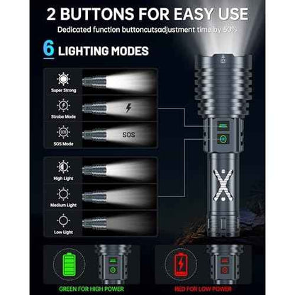 Rechargeable LED Flashlights 6900.000 High Lumens, Super Bright High Powered Flashlight Long Range 2 Buttons, Zoomable 12Modes| IP67 Waterproof, Powerful Strong Handheld Flashlights for Home Camping