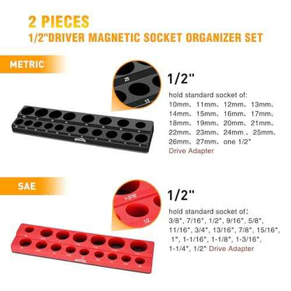 GOOACC 1/2" Magnetic Socket Organizer Set, 2 Pieces Metric & SAE Socket Drive Holders, 1/2 inch Drive Socket Organizer Trays Holds 35 Standard Sockets for Tool Box