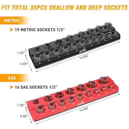 GOOACC 1/2" Magnetic Socket Organizer Set, 2 Pieces Metric & SAE Socket Drive Holders, 1/2 inch Drive Socket Organizer Trays Holds 35 Standard Sockets for Tool Box
