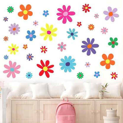 12 Sheets Daisy Wall Decals Boho Flower Wall Stickers Cute Kids Girls Room Decor Peel and Stick Floral Decals Toddler Nursery Playroom Living Room Bedroom Classroom Retro Hippie Decor Bright Style