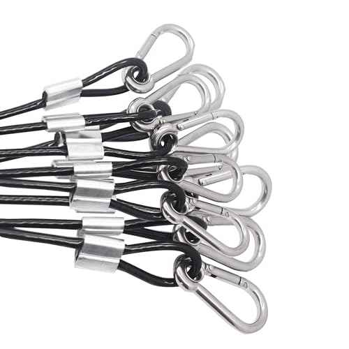 10 pcs 12 inch Vinyl Cover Coated Stainless Steel Wire Rope Lanyard Cable Tether Safety Strap with Hooks and 2 Loops (4mm Thickness), Black