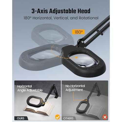 Magnifying Desk Lamp, 10X Square Magnifying Glass with Light and Stand, Dimmable LED Magnifier Lamp with Clamp and Base, Adjustable Swing Arm Light for Close Work, Reading, Crafting, Black