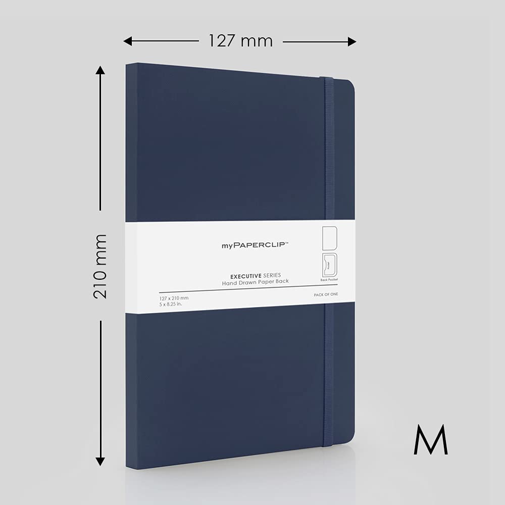 myPAPERCLIP Executive Series Medium Plain Notebook | 192 Pages, 80 GSM, Soft Cover, Medium Size (5 x 8.25 in) | Flat Lay | Bookmark, Elastic Closure & Back Pocket | Blue