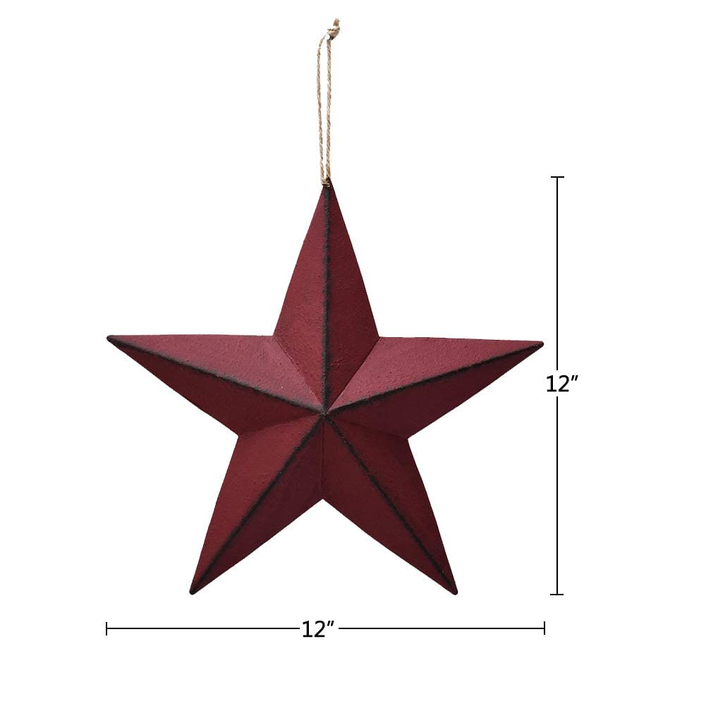 Morning View Red Barn Star Metal Wall Decor Texas Stars Outdoor Hanging Patriotic Star Ornaments Rustic 3D Wall Art 4th of July Memorial Day Decorations Outside 12 Inches (Burgundy)