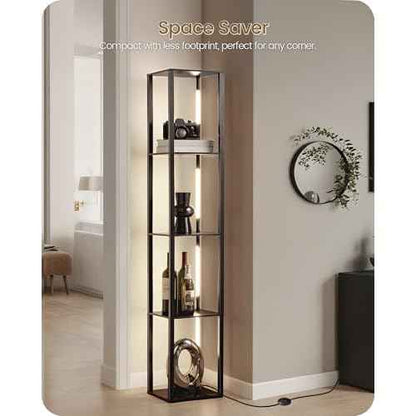 64.2" Display Shelf with Light, Modern Corner Floor Lampe with Shelves, LED Dimmable Standing Lamp with Remote for Living Room, Bedroom, Office, Adjustable CCT, Black Square B51LD05