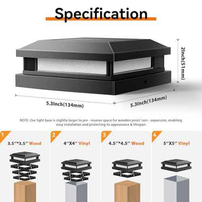 Solar Post Cap Lights Outdoor 8 Packs, Waterproof Solar Powered Deck Light for 4x4 4.5x4.5 5x5 Vinyl/Wooden Posts, Black Outside Warm/Cool Lighting Fence Cap Lights with 16LEDs for Garden, Patio