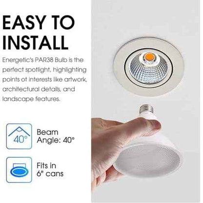 Energetic PAR38 Outdoor LED Flood Light Bulb, 3000K Warm White, 90 Watt Equivalent, Wet Rated, 900LM, E26 Base, Non-Dimmable,12 Pack