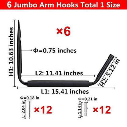 Ihomepark Heavy Duty Garage Indoor Kayak Storage Hooks Hanger, 15 Inch Wall Mounted Utility Hanging Cradle Rack for Canoe Paddle Board, Ladder, Folding Chairs, Hose, Bicycle and Tools (6 Pack, Black)