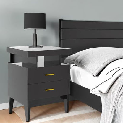HNEBC Auto LED Nightstand with Wireless Charging Station & USB Ports,High Gloss Bedside Tables with 2 Drawers,Floating Nightstand with 3 Color & Adjustable Brightness Embedded LED Light Strip
