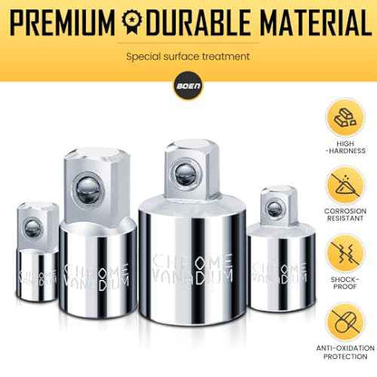 BOEN 4 Piece Socket Adapter and Reducer Set, 1/4", 3/8", 1/2" Drive Socket Adapter Set, SAE Adapter Conversion Set for Impact Driver Wrench, Chrome Vanadium Steel, Full Polished