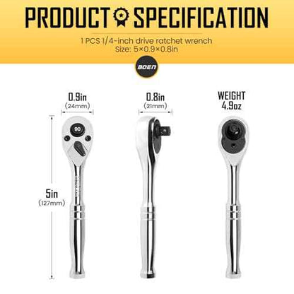 boen 1/4-Inch Drive Ratchet, 90-Tooth Quick-Release Ratchet Wrench, 4-Degree Swing, Reversible, Chrome Alloy Made, Full Polished