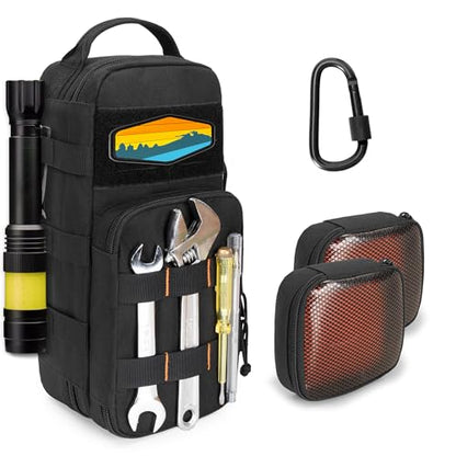 Heavy Duty Small Tool Bag Storage with 2 Zipper Pouches, Multi-functional Tactical Molle Tool Organizer Case with Locking Carabiner for Camping, Road Trip, Electricians, EDC, Multimeter Case