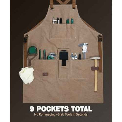 ARCFOX Woodworking Apron for Men - 16oz Soft Washed Canvas with 9 Pockets, Cross-Back Straps & Thick Pads - Adjustable S-XXXL for Mechanics, DIY Crafters - Comfort Focused Tool Apron