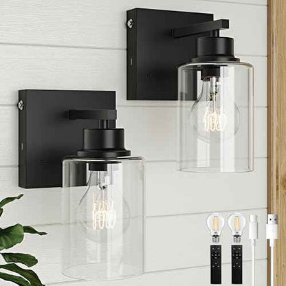 Battery Operated Wall Sconce Set of 2, Rechargeable, Cordless, Dimmable, Timer, Touch Control, 3000K, USB-C Charging for Living Room, Bedroom Black (Include 2 Special Bulbs)