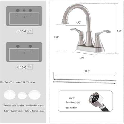 Brushed Nickel Bathroom Sink Faucets, 360¡Æ Swivel High-Arc Spout 2-Handle 4 Inch Centerset Lavatory Vanity Faucets Set for Bathroom Sink with Drain & Water Hoses, 2 Pack, VLSZST050L-2