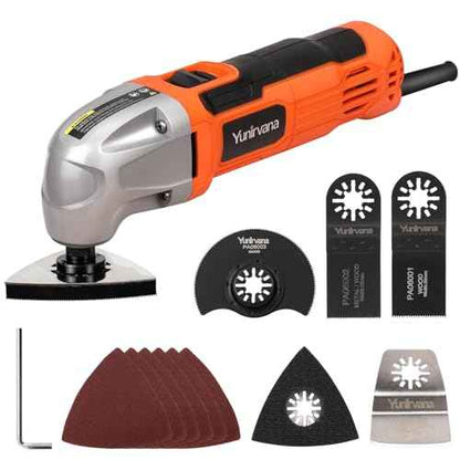 Oscillating Tool, 1.5A Oscillating Multi Tool with 3¡Æ Oscillation Angle, 12pvs Accessory: 3 Saw Blades, Semi-Circle Blade, Sanding Plate, 6 Sanding Papers for Cutting, Grinding, Sanding