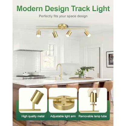 4 Ways Track Lighting, Rotatable Heads Tracks Light, Track Lightings Fixtures Ceiling with Foldable Arms, Brushed Gold Tracks Light for Kitchen, Living Room, Hallway(Bulbs Not Included)