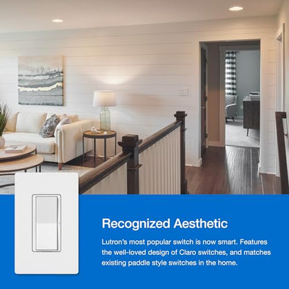 Lutron Claro Smart Light Switch for Caseta Lighting, for LED Lights, Fans, 5 Amp, Single-Pole/3-Way, Neutral Required, DVRF-5NSS-WH-2, White, 2 Pack