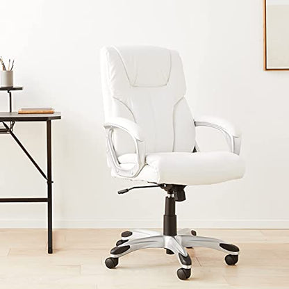 Amazon Basics Executive Home Office Desk Chair with Padded Armrests, Adjustable Height and Tilt, Rolling Swivel Chair, 275 Pound Capacity, White and Pewter