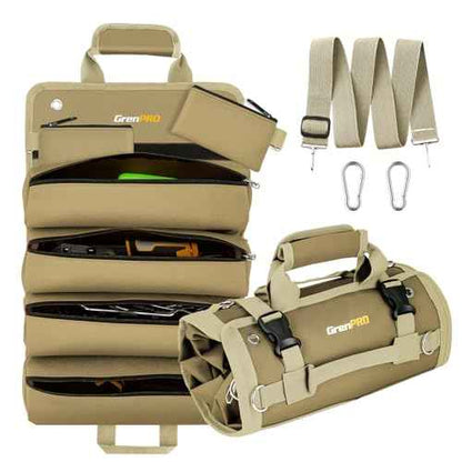 Tool Bag Roll Up, Tool Roll Portable Foldable Tool Storage with 2 Detachable Pouches, Soft Rollable Tool Pouch for Mechanics, Electricians, DIY, Gifts for Dad, Men Birthday Gift, Khaki