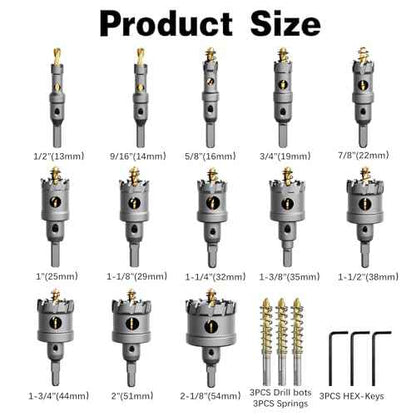 19 PCS (1/2" to 2-1/8") Carbide Hole Saw Kit for Metal - Heavy Duty TCT Hole Cutter Drill Bits Set with Titanium Pilot & L-Wrench, for Stainless Steel/Iron/Aluminum | Metal|