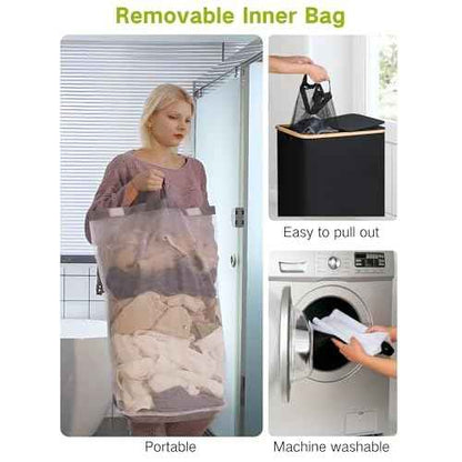 efluky Double Laundry Hamper with Wheels, Divided Laundry Hamper with Removable Bags, 2 Section Dirty Clothes Basket with Handles for Bathroom, Bedroom & Laundry Room, 160L Dark Black