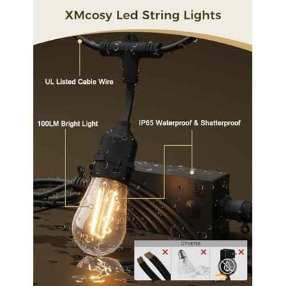XMCOSY+ Smart Patio Lights 49Ft LED Outdoor String Lights Waterproof IP65, App Control, Compatible with Alexa, Dimmable Edison Bulbs Outdoor Light for Yard Porch Bistro Outside