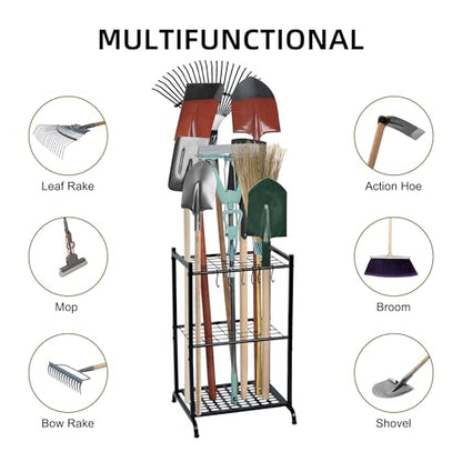 Garden Tool Organizer with Storage Hooks, Yard Tool Tower Rack for Garage Organization and Storage, Up to 35 Long-Handled Tools, Metal Tool Holder with 6 Hooks, Black