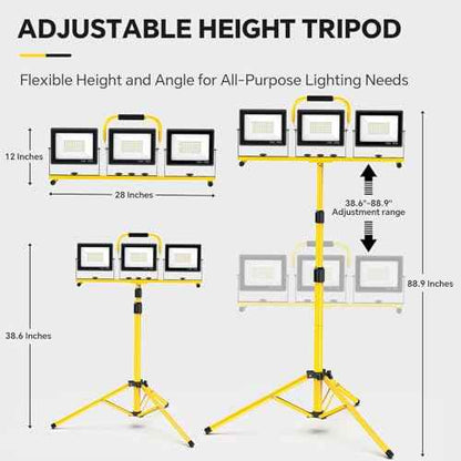 21000 Lumen LED Work Lights with Stand: 3 Head Adjustable Work Light with Individual Switch, IP66 Waterproof Foldable Tripod, 16.5FT Cord for Indoor/Outdoor Job Site Construction Garage Lighting