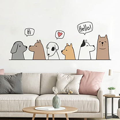 Dogs 'Say Hi' Cartoon Wall Decals, Multicolor, Polyethylene Terephthalate, Reusable, Rectangular, Indoor, 11.8in x 23.6in