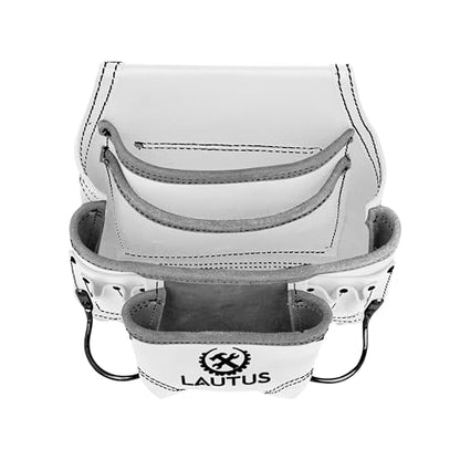 LAUTUS Oil Tanned Leather Tool Pouch Bag | White| Carpenter, Construction, Framers, Handyman | 10 Pockets, 2 Hammer Holders | 100% Leather