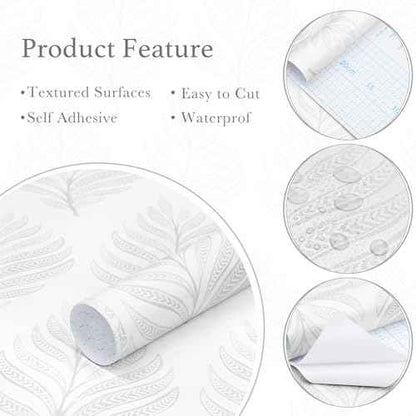 GloryTik Peel and Stick Wallpaper Boho White/Grey Floral Contact Paper Modern Removable Self Adhesive Wall Paper Leaf Waterproof Wallpaper for Cabinets Bedroom Vinyl Rolls (17.3" x 78.7")