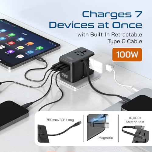Ceptics GAN 100W Universal Travel Adapter with Retractable USB-C Cable, 2X USB-A & C, Universal Input and 1x USA/JP Input, 7 in 1 Universal Adapter for Worldwide Travel - Type A, C, G, I Output