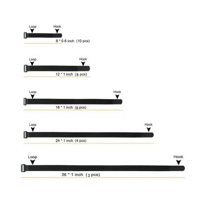 YiwerDer 32Pcs Reusable Fastening Cable Straps and Cable Ties with Buckles, Variety Sizes 8"-12"-18"-24"-36", Premium Adjustable Multi-Purpose Hook and Loop Cinch Strap Cord Ties