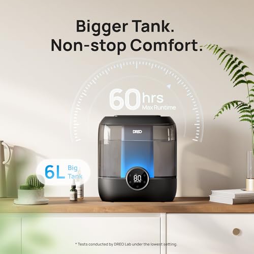 Dreo 6L Top Fill Humidifiers for Bedroom, 60H Runtime 28 dB Quiet Supersized Cool Mist Air Humidifiers for Large Room, Baby Nursery, Plant, Indoor, Night Light, Easy to Clean, Precise Humidity Control